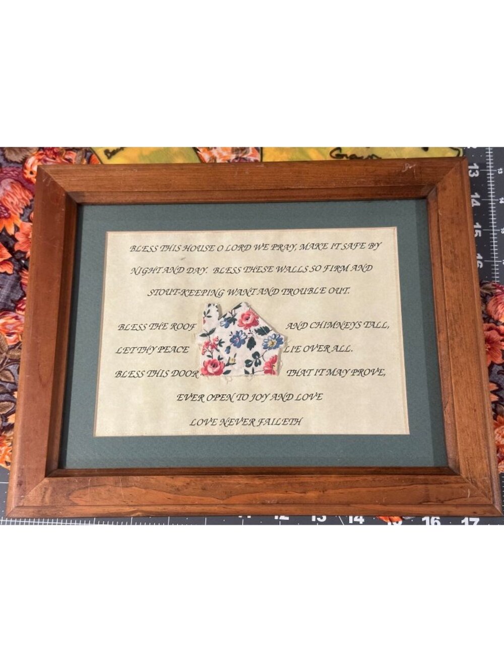 Bless This House Prayer Framed Matted Wall Art Fabric Accent Wooden Frame 10x13